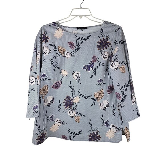 Lafayette 148 Floral Stripe Blouse Womens 16 Blue Multicolor 3/4 Sleeve Career - Picture 1 of 6